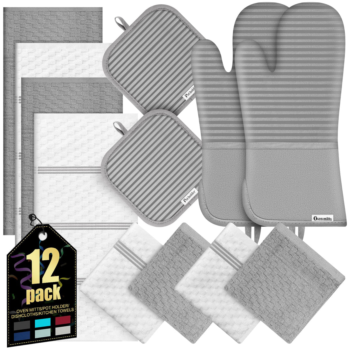 Oven Mitts Kitchen Towels and Dishcloths with Pot Holders Sets, Oven Gloves Hot Pads 500°F Heat Resistant with Silicone Grip, Include 2 Cooking Gloves/2 Potholders/4 Kitchen Towels/4 Dish Towels