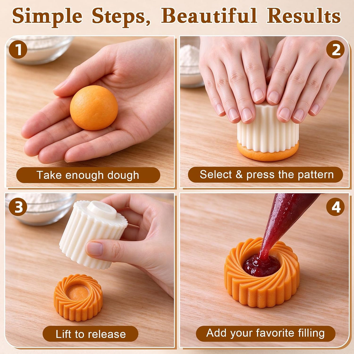 4 Pcs Sunflower Patterned Round Hand-Press Mooncake Mold Cookie Shaper