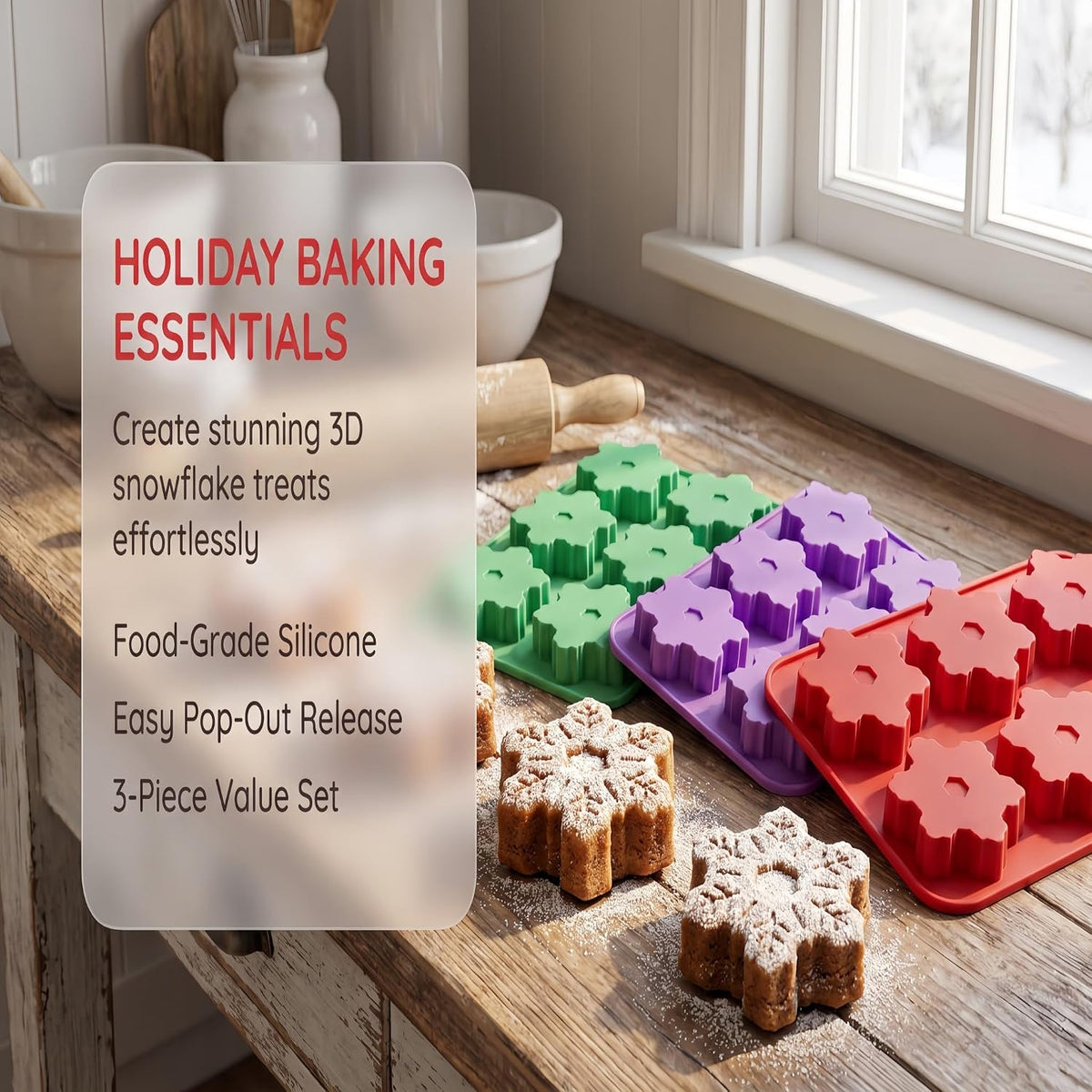Swweetfamily 3 Pack Snowflake Silicone Molds for Chocolate,Pudding,Jelly