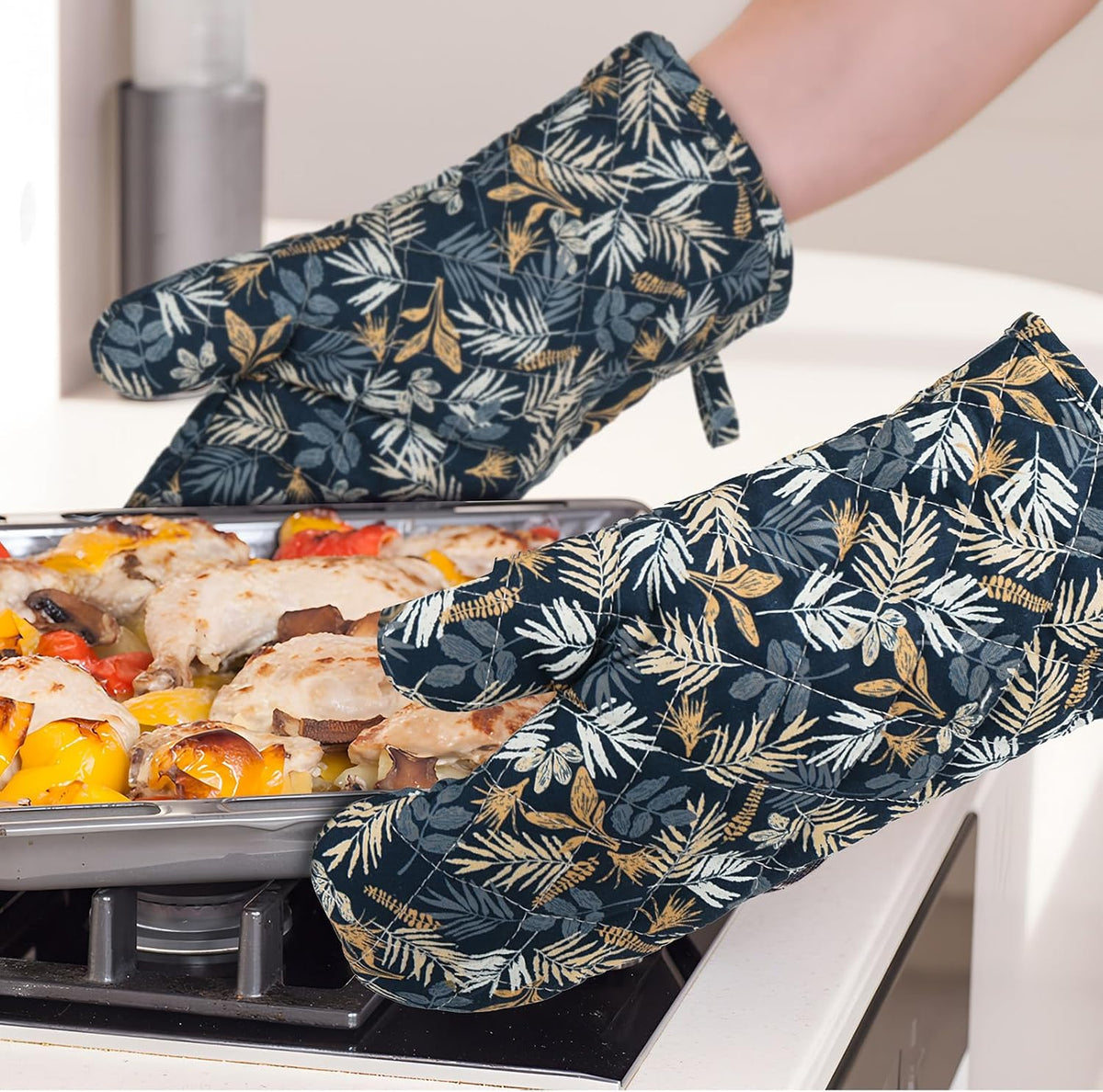 BONTHEE Oven Mitt Extra Long Cotton Cooking Kitchen Mitts with Non-Slip Striped Oven Mitts for Cooking Baking Grilling - 2PCS