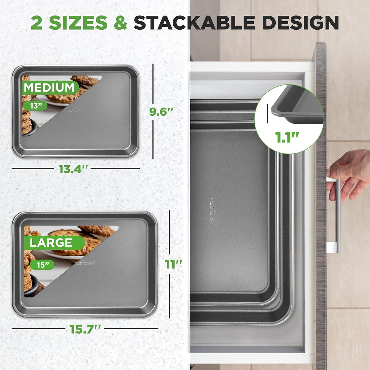 NutriChef 2-Piece Large & Medium Cookie Sheets for Baking - Non Stick Baking Sheet for Cookies, Sheet Cakes & Roasting - Dishwasher Safe - Gray