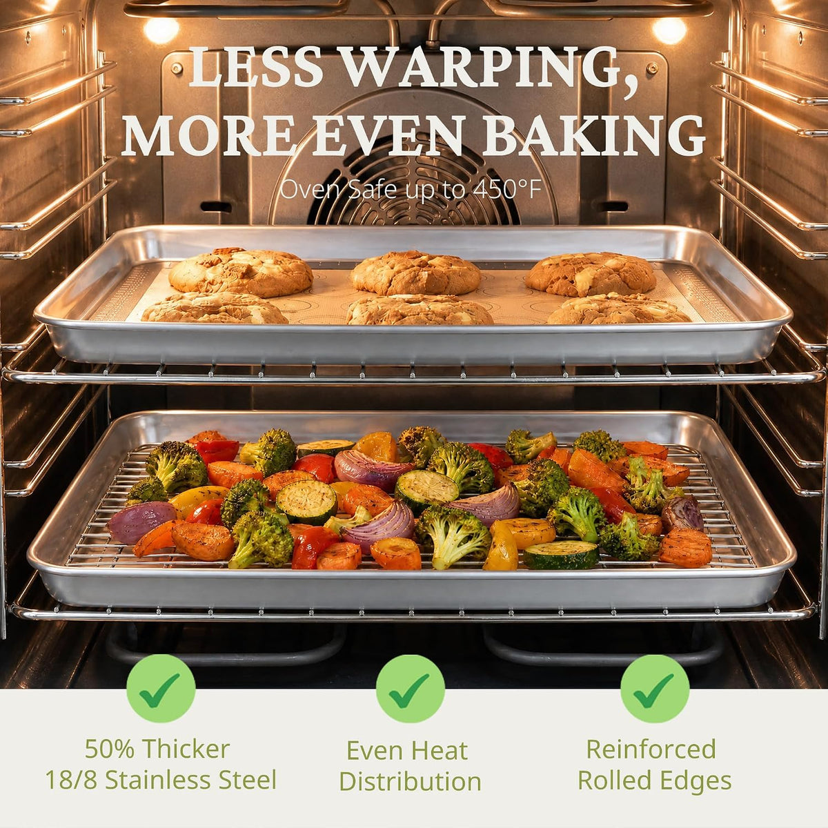 BRONYPRO 18/8 Stainless Steel Baking Sheet Set (3 Pans + 3 Mats+ 1 Rack)