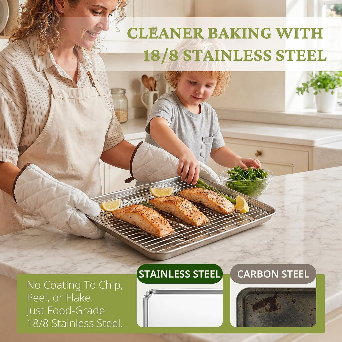 BRONYPRO 18/8 Stainless Steel Baking Sheet Set (3 Pans + 3 Mats+ 1 Rack)