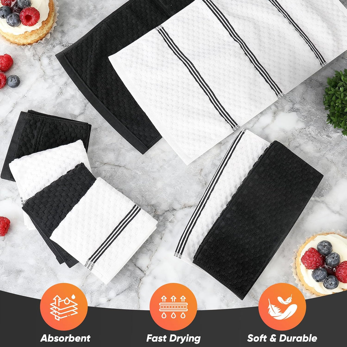 Oven Mitts Kitchen Towels and Dishcloths with Pot Holders Sets, Oven Gloves Hot Pads 500°F Heat Resistant with Silicone Grip, Include 2 Cooking Gloves/2 Potholders/4 Kitchen Towels/4 Dish Towels