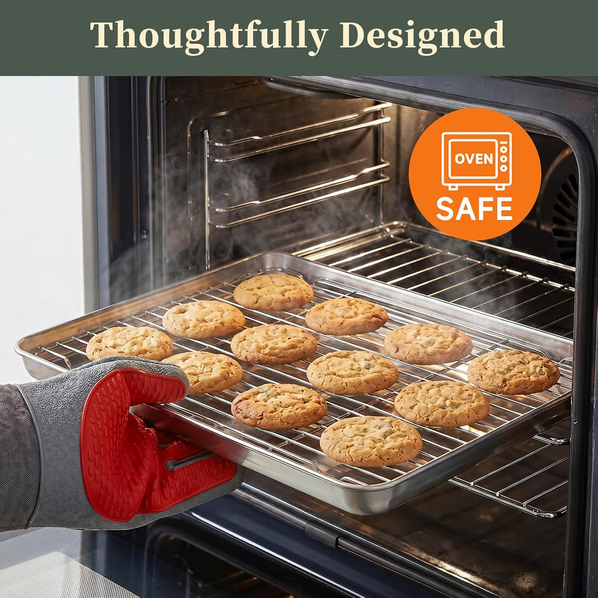 Baking Sheet with Rack Set (2 Pans + 2 Racks), 16 x 12 x 1 Inch Stainless Steel Cookie Sheet Baking Pan Tray with Cooling Rack, Jelly Roll Pan with Wire Rack, Warp Resistant & Heavy Duty & Rust Proof