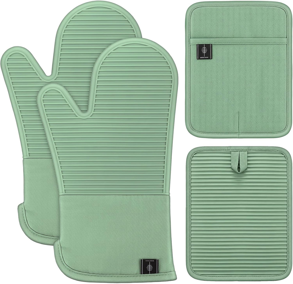 BONTHEE Oven Mitts and Pot Holders 4pcs Set, Silicone Kitchen Mitts - Green