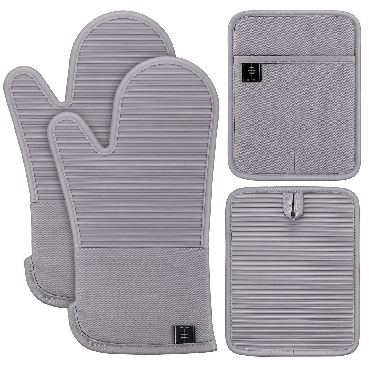 BONTHEE Oven Mitts and Pot Holders 4pcs Set, Silicone Kitchen Mitts - Green