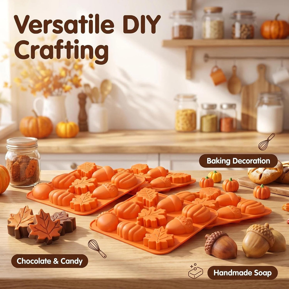 Pumpkin Silicone Mold - 4Pcs 3D Fall Silicone Mold Thanksgiving Candy Mold Autumn Maple Leaf Acorn shape Chocolate Mold Soap Candy Cake Pan Baking Molds for Cake Cupcake Decoration