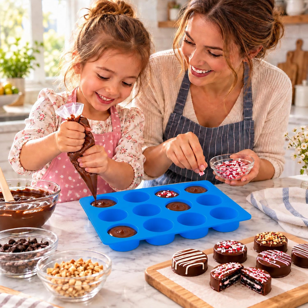 3Pcs Chocolate Cover Cookie Silicone Molds, 12-Cavity Round Cylinder Silicone Chocolate Cover Cookie Mold, Non-Stick Baking Mold for Mini Cakes, Jelly
