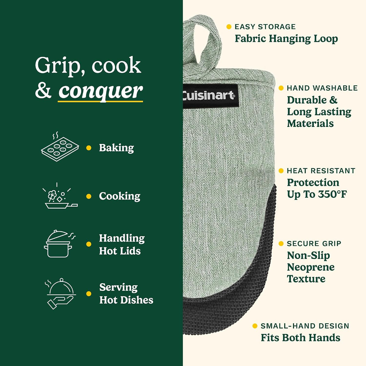 Cuisinart Mini Oven Mitts, 2-Pack, Neoprene Grip, Heat Resistant 350F