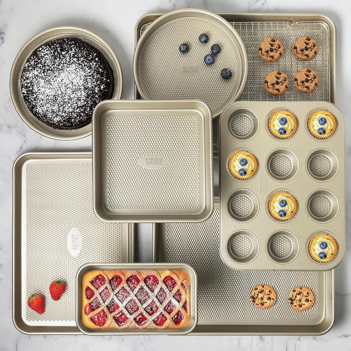 Baker's Secret 9 Piece Bakeware Set Nonstick, Baking Pans Set for Oven, Non Toxic Diamond Texture Carbon Steel, Includes Cookie Sheets, Cake Pan, Muffin Pan, Loaf Pan & Cooling Rack, Gold