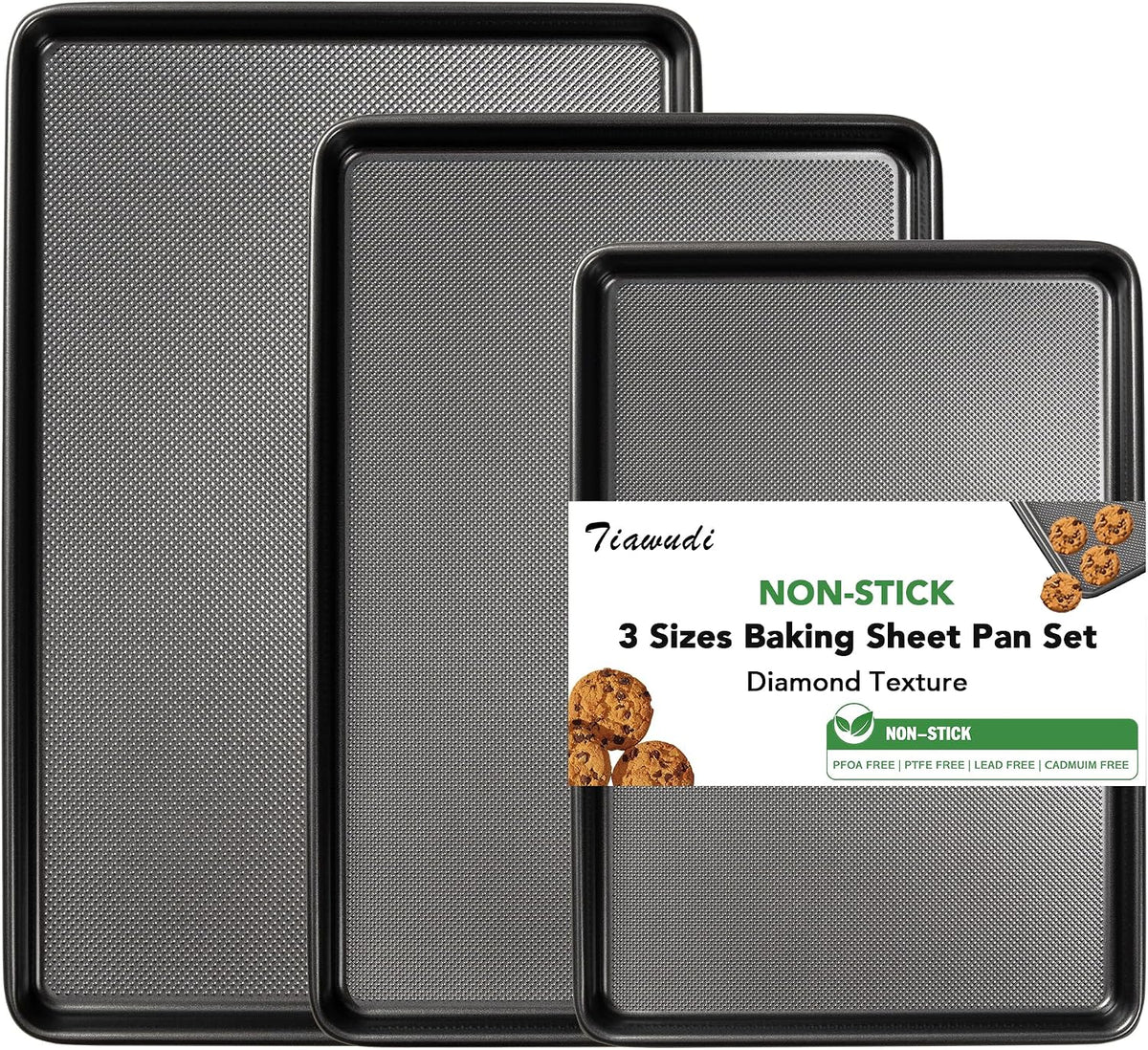 Tiawudi Baking Sheet Pan Set, 0.8mm Thick Heavy Duty Cookie Sheet with Diamond Texture Pattern, Nonstick Baking Tray for Oven, Carbon Steel Half, Jerry Roll Pan, Set of 3