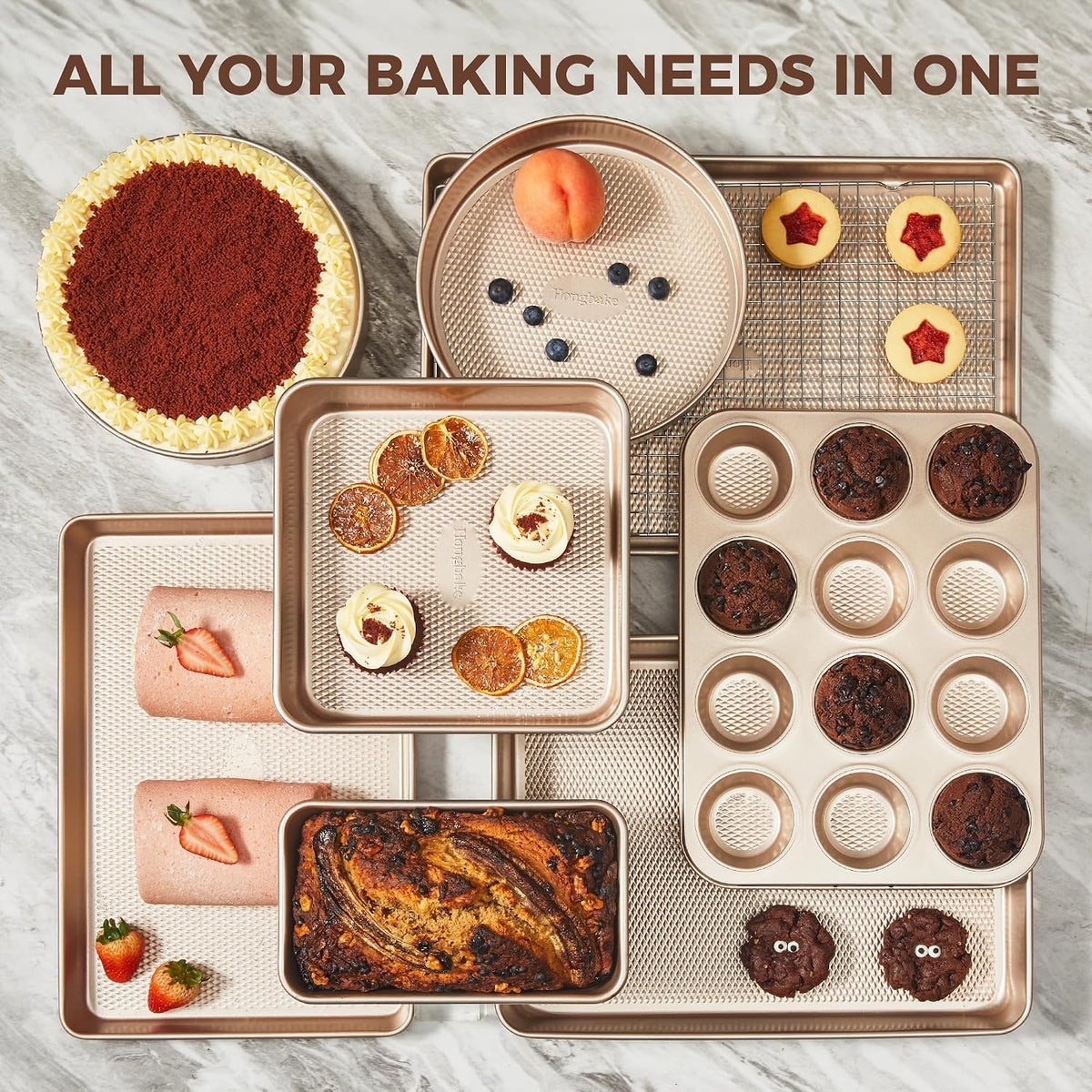 HONGBAKE 9-Piece Baking Pans Set Nonstick, Stackable Non Toxic Bakeware Sets with Diamond Texture, Oven Pan Set for Cooking, Includes Cookie Sheet with Rack, Cake Pan, Roasting Pan, Muffin Tin, Gold