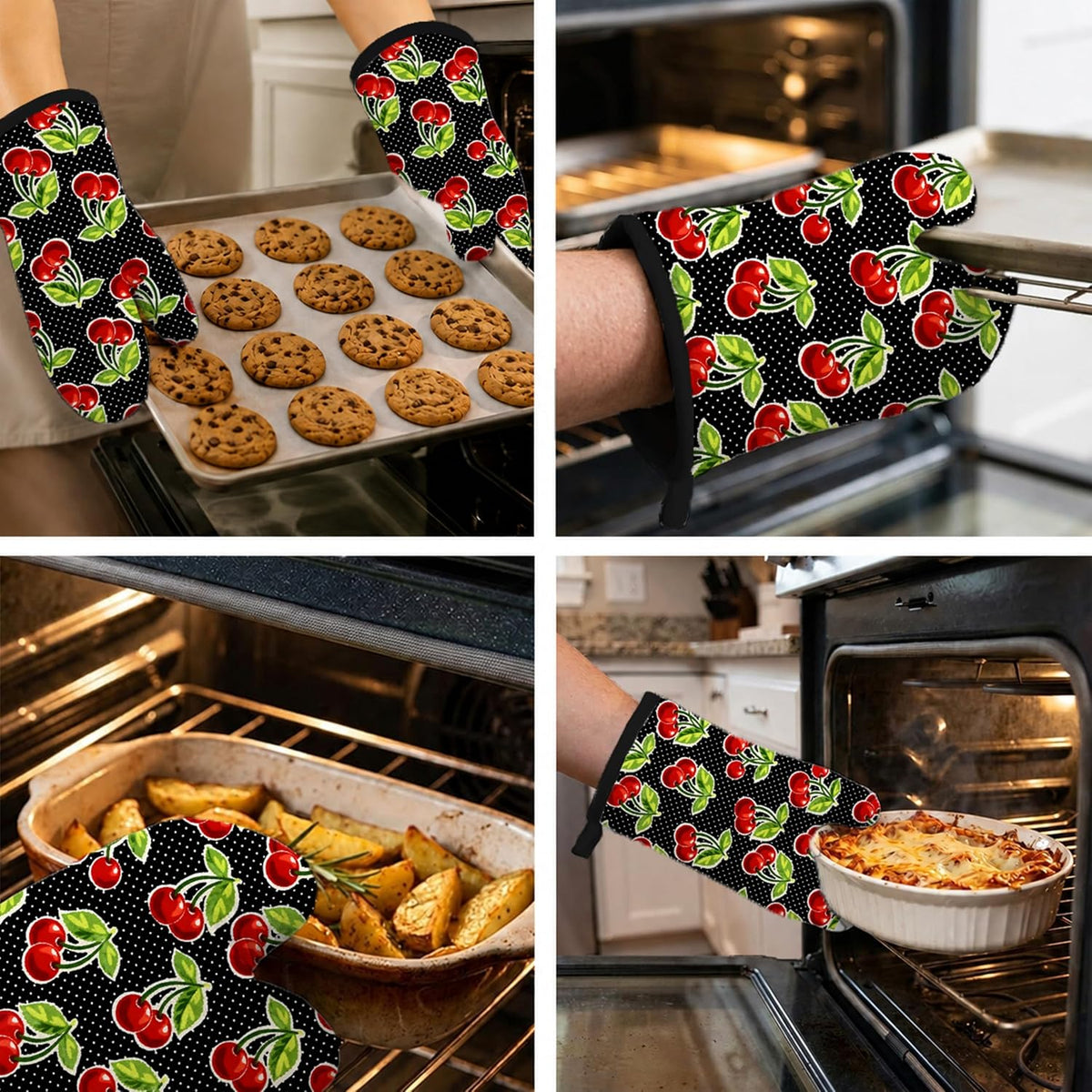 Retro Cherry Oven Mitts, Red Cherries and Polka Dots, Set of 2