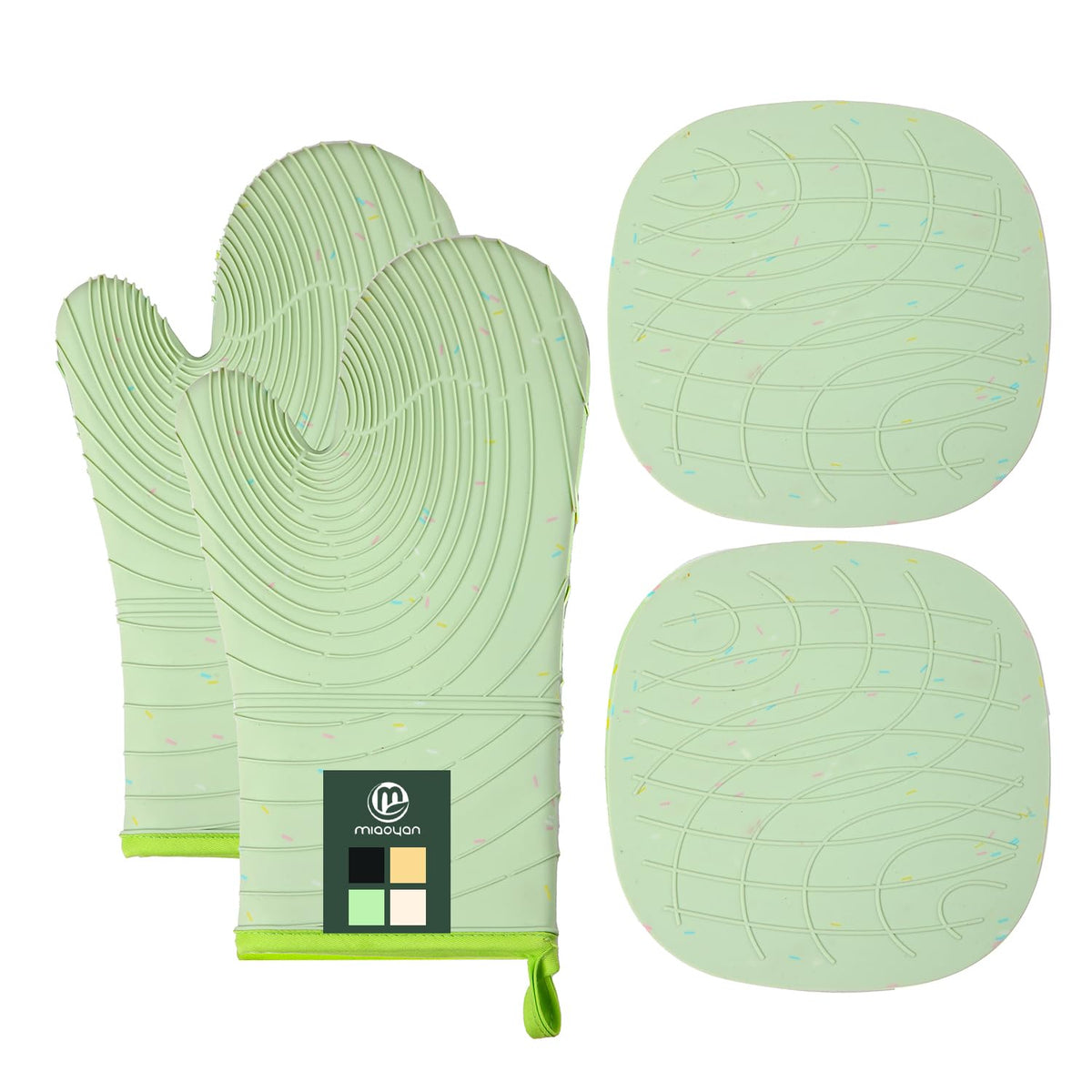 Oven Mitts and Pot Holders 4 pcs Set,High Heat Resistant 500 Degree Extra Thicken Long Kitchen Cotton Oven Glove for Cooking (12 Inch,Green)