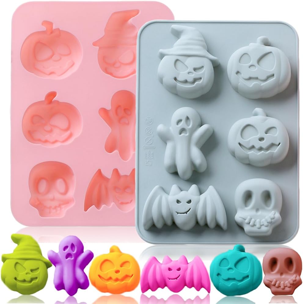 2 Pack Halloween Silicone Cake Mold Pumpkin Bat Skull Ghost Shape Silicone Mold for Chocolate Candy Gummy Jello Ice Cube Crayon Melt Biscuits Soap Silicone Baking Mold Making Kit