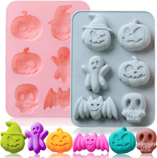 2 Pack Halloween Silicone Cake Mold Pumpkin Bat Skull Ghost Shape Silicone Mold for Chocolate Candy Gummy Jello Ice Cube Crayon Melt Biscuits Soap Silicone Baking Mold Making Kit