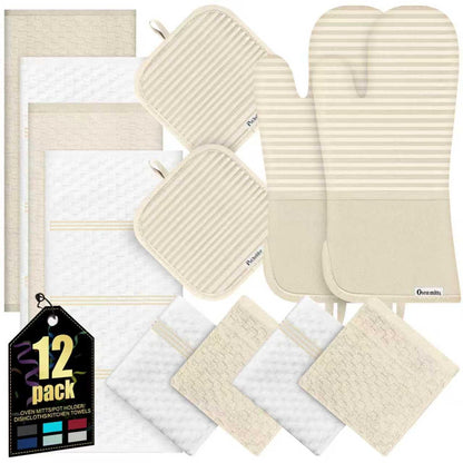 Oven Mitts Kitchen Towels and Dishcloths with Pot Holders Sets, Oven Gloves Hot Pads 500°F Heat Resistant with Silicone Grip, Include 2 Cooking Gloves/2 Potholders/4 Kitchen Towels/4 Dish Towels