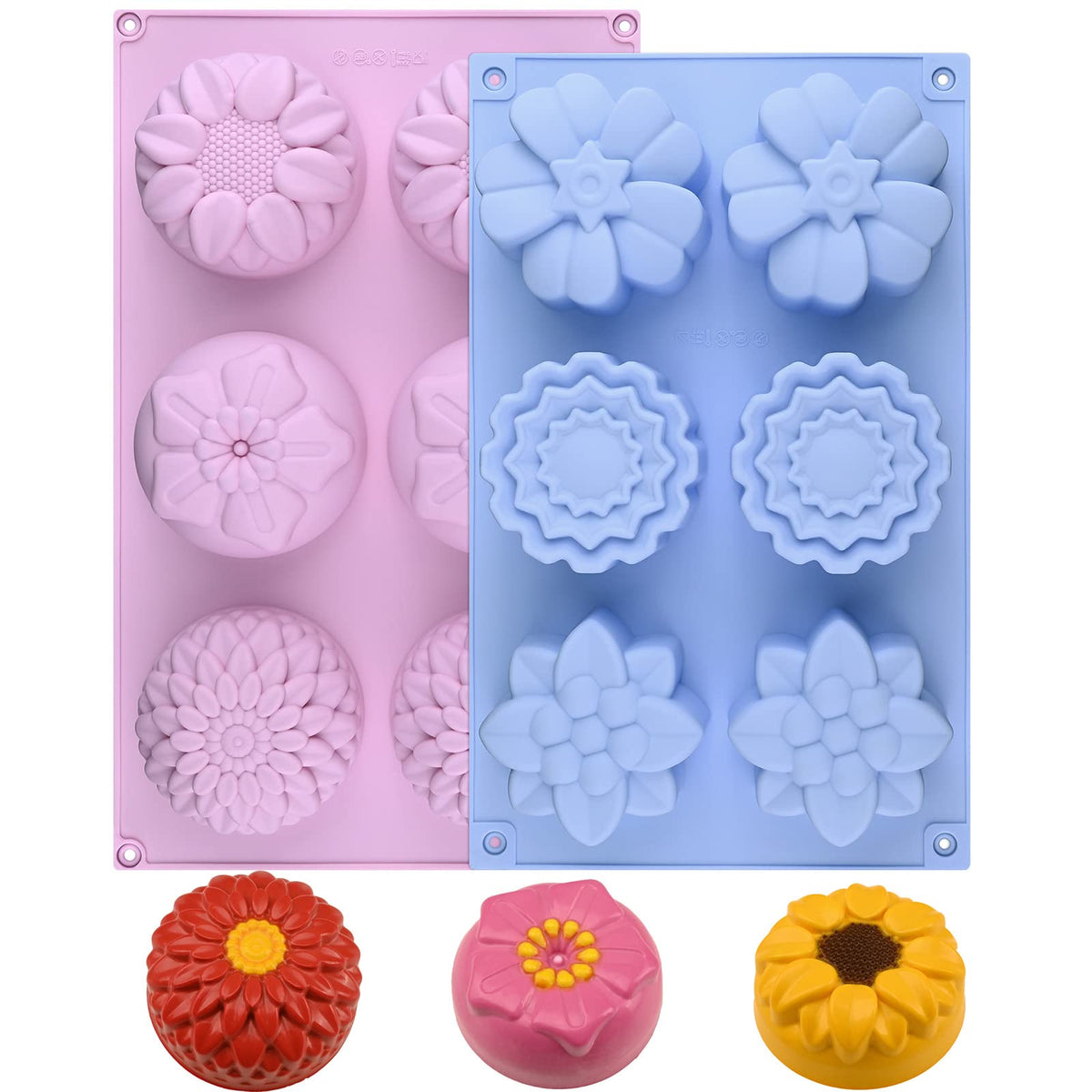 Sakolla 6-Cavity Flower Soap Molds Silicone, 2 Pack Tulip Different Flower Shapes Silicone Molds for Soap, Lotion Bar, Bath Bombs, Chocolate, Candy Baking Molds Jelly, Ice Cube Tray