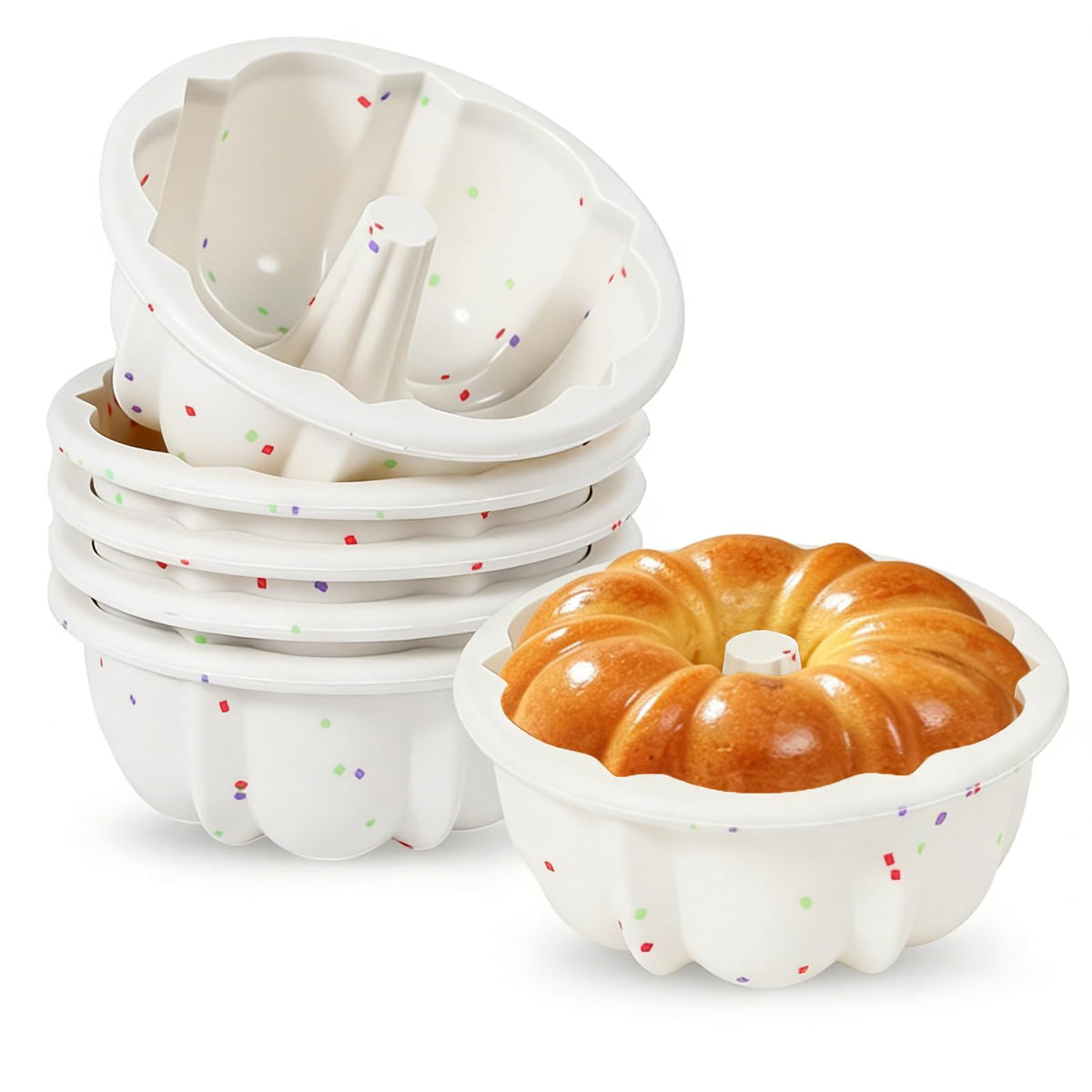 Vinino 4 Inch Silicone Fluted Tube Cake Pan with Reinforced Frame, 12-Pack