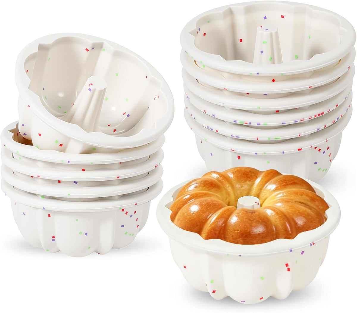 Vinino 4 Inch Silicone Fluted Tube Cake Pan with Reinforced Frame, 12-Pack