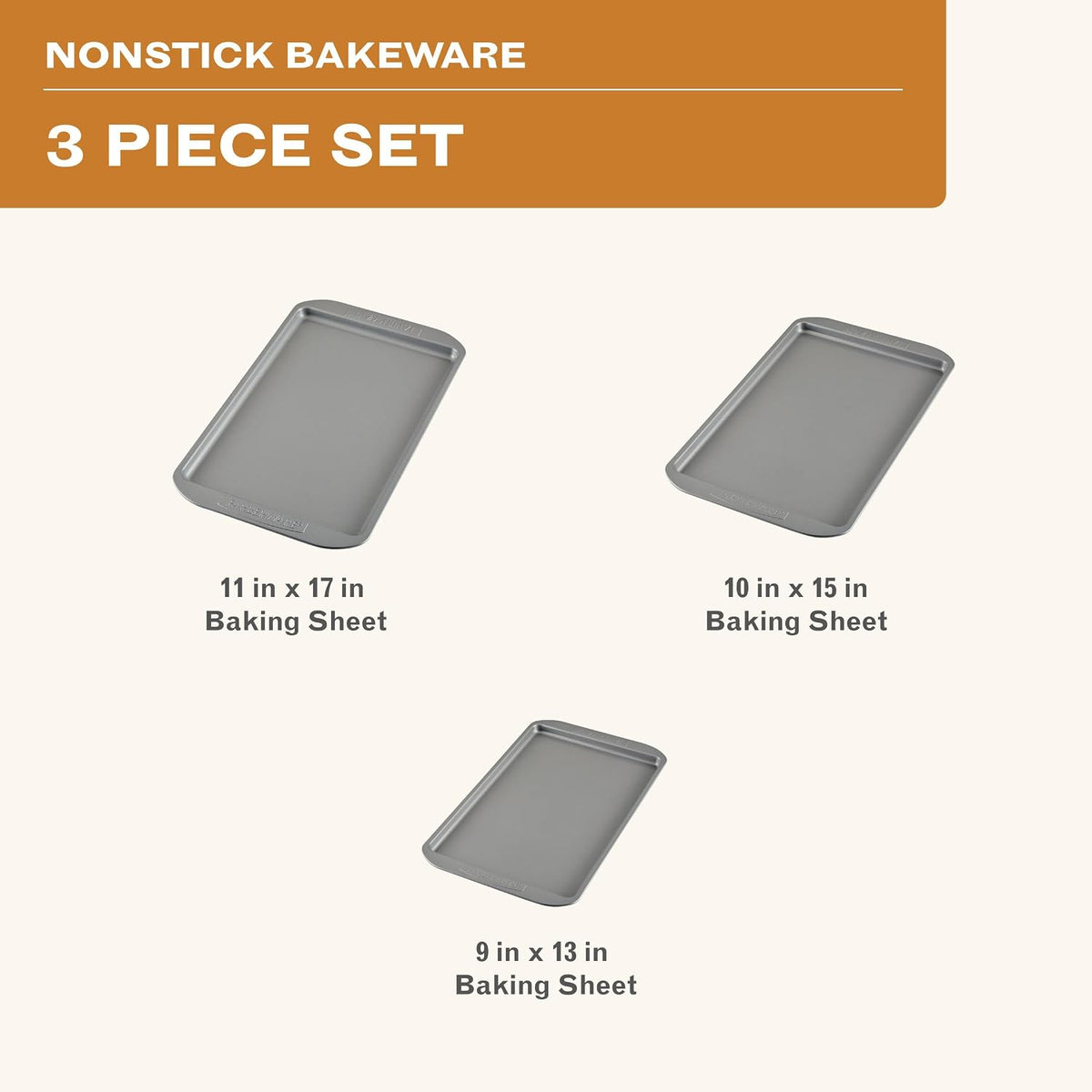 Farberware Nonstick Bakeware 3-Piece Cookie Pan Set for Baking, Gray