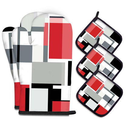 MCALK 5 Pcs Orange Oven Mitts and Pot Holders Sets, Beige Oven Gloves and Hot Pads for Kitchen Cooking, Abstract Modern Art Oven Mitt Potholder is Both Functional and Decorative