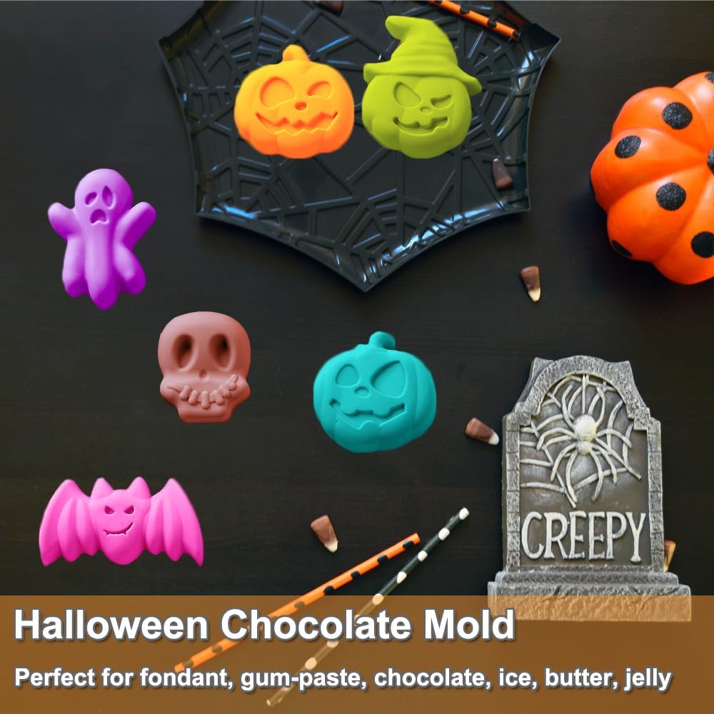 2 Pack Halloween Silicone Cake Mold Pumpkin Bat Skull Ghost Shape Silicone Mold for Chocolate Candy Gummy Jello Ice Cube Crayon Melt Biscuits Soap Silicone Baking Mold Making Kit