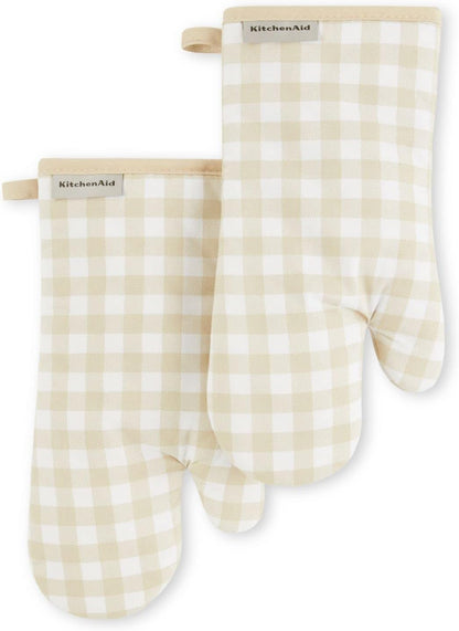 KitchenAid Gingham Oven Mitt 2-Pack Set, Milkshake Tan, 7"x13"
