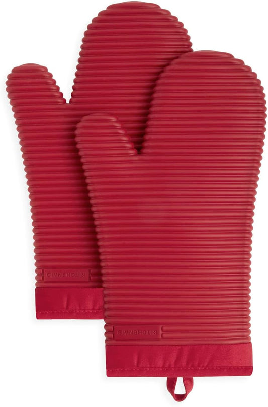 KITCHENAID Ribbed Soft Silicone Oven Mitt 2-Pack Set, 7.5"x13", Passion Red