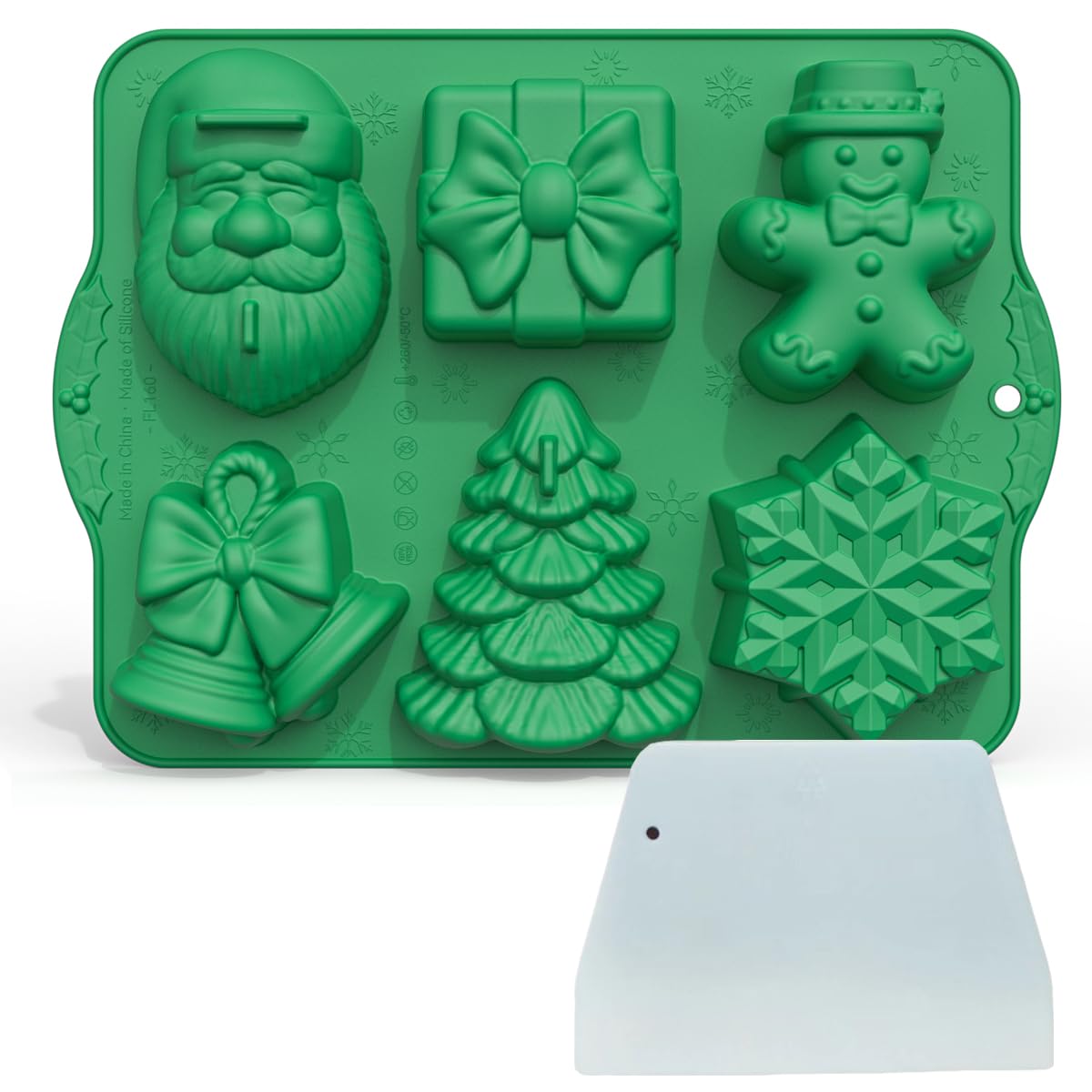 Christmas Silicone Molds, Large Size Xmas 3D Christmas Baking Mold with Scraper for Cakes, Handmade Soap, Chocolate, Jello, soap, Candy and Candles (Green)