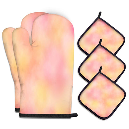 MCALK 5 Pcs Orange Oven Mitts and Pot Holders Sets, Beige Oven Gloves and Hot Pads for Kitchen Cooking, Abstract Modern Art Oven Mitt Potholder is Both Functional and Decorative