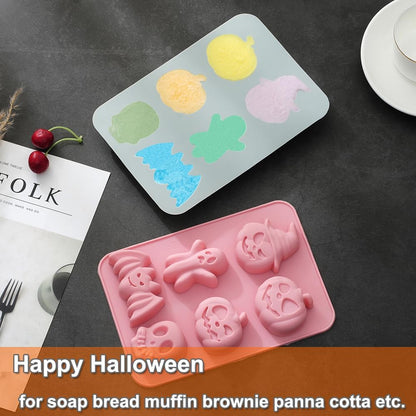 2 Pack Halloween Silicone Cake Mold Pumpkin Bat Skull Ghost Shape Silicone Mold for Chocolate Candy Gummy Jello Ice Cube Crayon Melt Biscuits Soap Silicone Baking Mold Making Kit