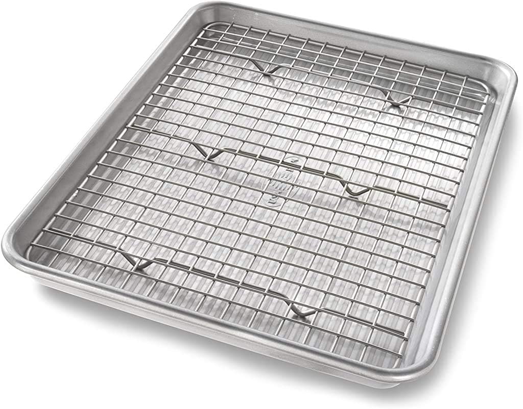 USA Pan Bakeware Half Sheet Baking Pan and Bakeable Nonstick and Cooling Rack Set, Metal