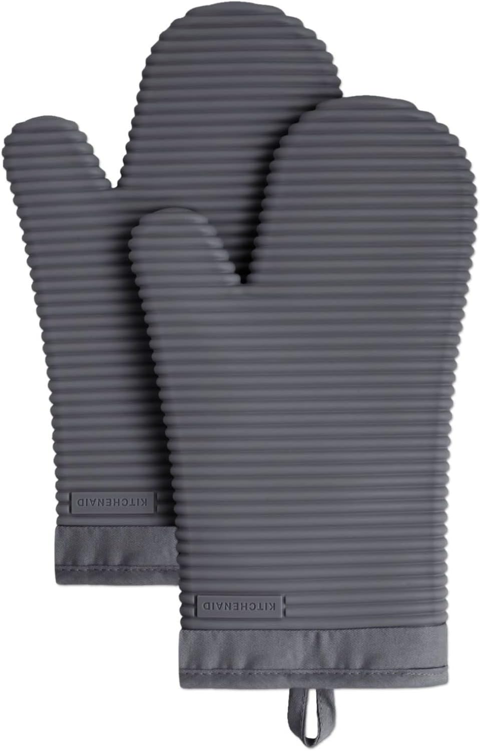 KITCHENAID Ribbed Soft Silicone Oven Mitt 2-Pack Set, 7.5"x13", Charcoal Grey