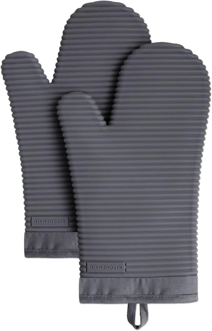 KITCHENAID Ribbed Soft Silicone Oven Mitt 2-Pack Set, 7.5"x13", Charcoal Grey