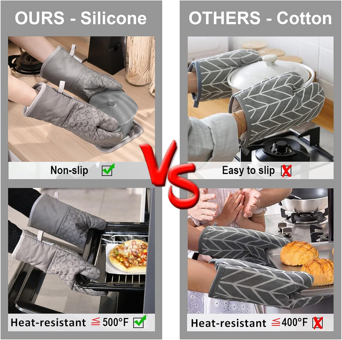 KEGOUU Oven Mitts and Pot Holders 6pcs Set, Kitchen Oven Glove High Heat Resistant 500 Degree Extra Long Oven Mitts and Potholder with Non-Slip Silicone Surface for Cooking (Grey)