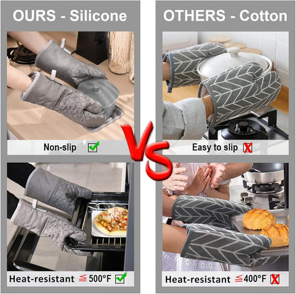 KEGOUU Oven Mitts and Pot Holders 6pcs Set, Kitchen Oven Glove High Heat Resistant 500 Degree Extra Long Oven Mitts and Potholder with Non-Slip Silicone Surface for Cooking (Grey)