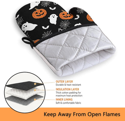 Halloween Pumpkin Ghost 4PC Oven Mitts Pot Holders Set Heat Resistant