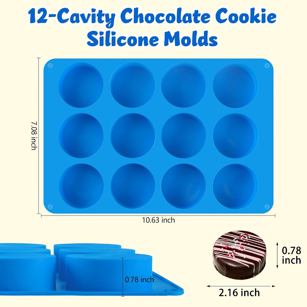 3Pcs Chocolate Cover Cookie Silicone Molds, 12-Cavity Round Cylinder Silicone Chocolate Cover Cookie Mold, Non-Stick Baking Mold for Mini Cakes, Jelly