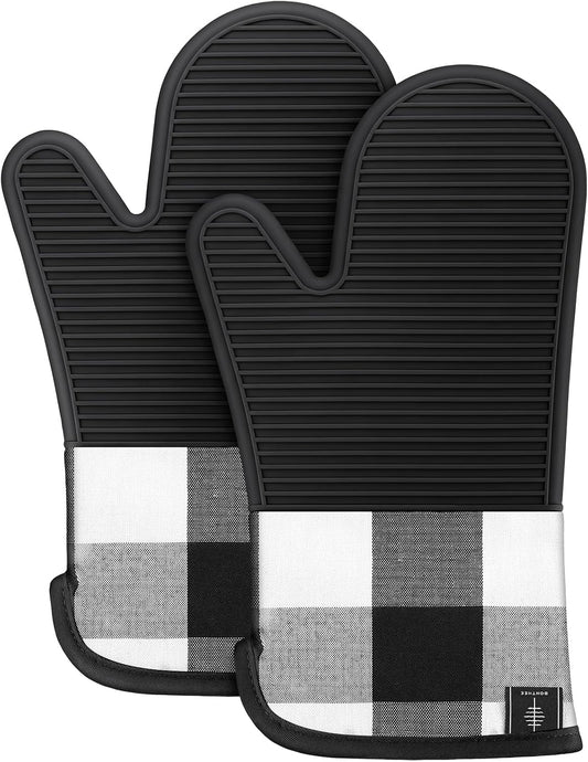 BONTHEE Silicone Oven Mitts Heat Resistant Kitchen Oven Gloves - Gingham