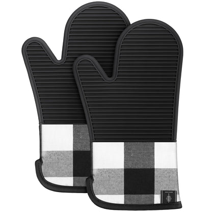 BONTHEE Silicone Oven Mitts Heat Resistant Kitchen Oven Gloves - Black