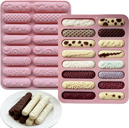 2 PCS Finger Biscuit Silicone Chocolate Molds 16 Cavities Cereal Bars Baking Mould, Non-stick Chocolate Bar Mold, for Cnady, Eclair, Bread, Muffin, Soap, Resin, crayon DIY Crafts