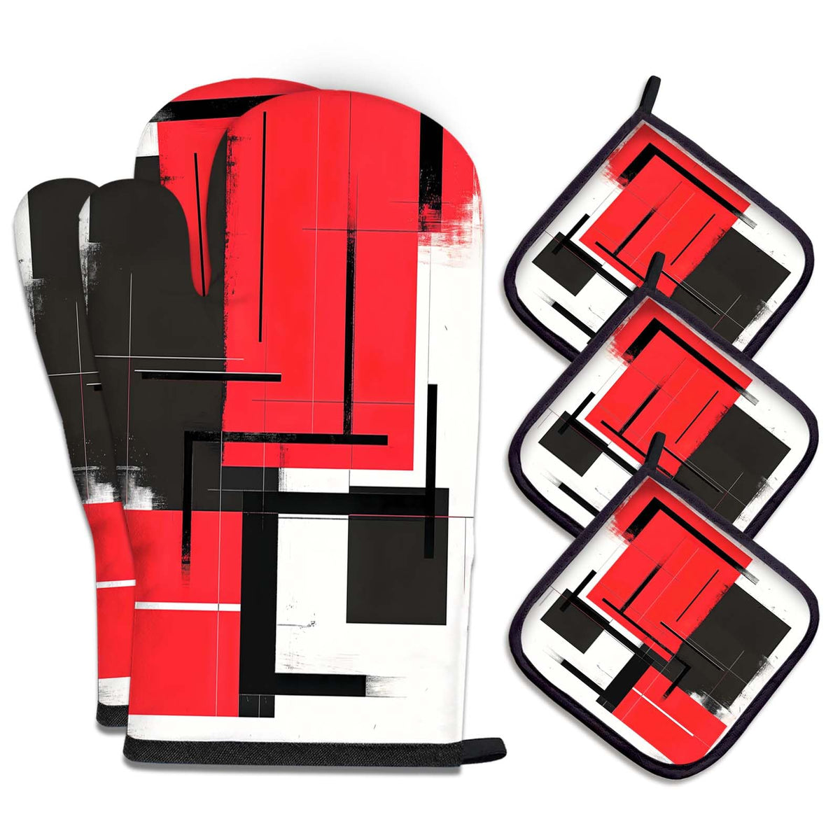 MCALK 5 Pcs Orange Oven Mitts and Pot Holders Sets, Beige Oven Gloves and Hot Pads for Kitchen Cooking, Abstract Modern Art Oven Mitt Potholder is Both Functional and Decorative