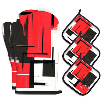 MCALK 5 Pcs Orange Oven Mitts and Pot Holders Sets, Beige Oven Gloves and Hot Pads for Kitchen Cooking, Abstract Modern Art Oven Mitt Potholder is Both Functional and Decorative