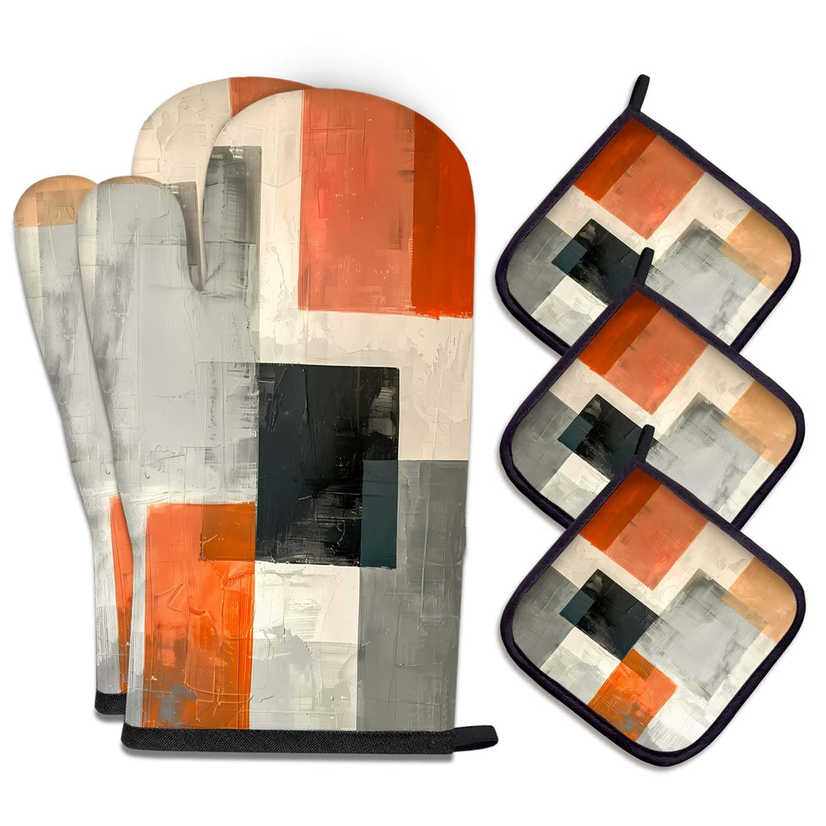 MCALK 5 Pcs Orange Oven Mitts and Pot Holders Sets, Beige Oven Gloves and Hot Pads for Kitchen Cooking, Abstract Modern Art Oven Mitt Potholder is Both Functional and Decorative