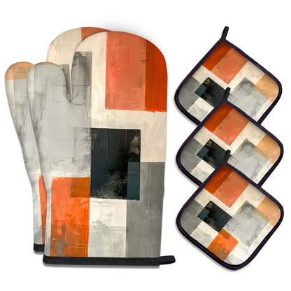 MCALK 5 Pcs Orange Oven Mitts and Pot Holders Sets, Beige Oven Gloves and Hot Pads for Kitchen Cooking, Abstract Modern Art Oven Mitt Potholder is Both Functional and Decorative