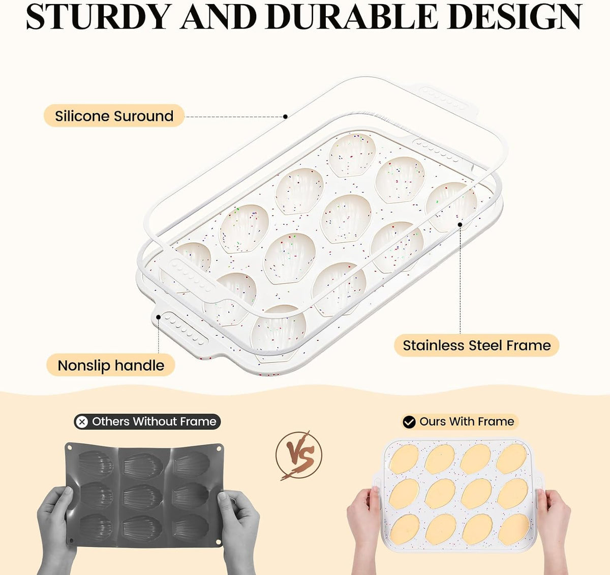 Vinino 2-Pack Silicone Madeleine Pans for Baking with Reinforced Frame