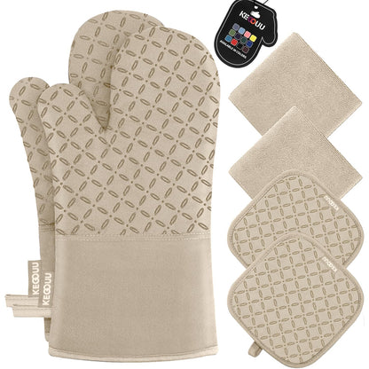 KEGOUU Oven Mitts and Pot Holders 6pcs Set, Kitchen Oven Glove High Heat Resistant 500 Degree Extra Long Oven Mitts and Potholder with Non-Slip Silicone Surface for Cooking (Grey)