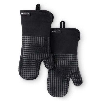 KITCHENAID Gourmet Series Gridlines Oven Mitts 2-Pack Set, Heat Resistant up to 600°F, Soft Silicone Grip, Magnetic Cuff, Ink Blue, 7"x14"